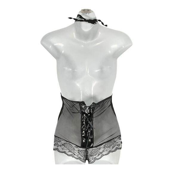 Black Lace Sheer Halter Teddy Small Lace Up Leather Back Cheeky Sleep Wear - Picture 2 of 9